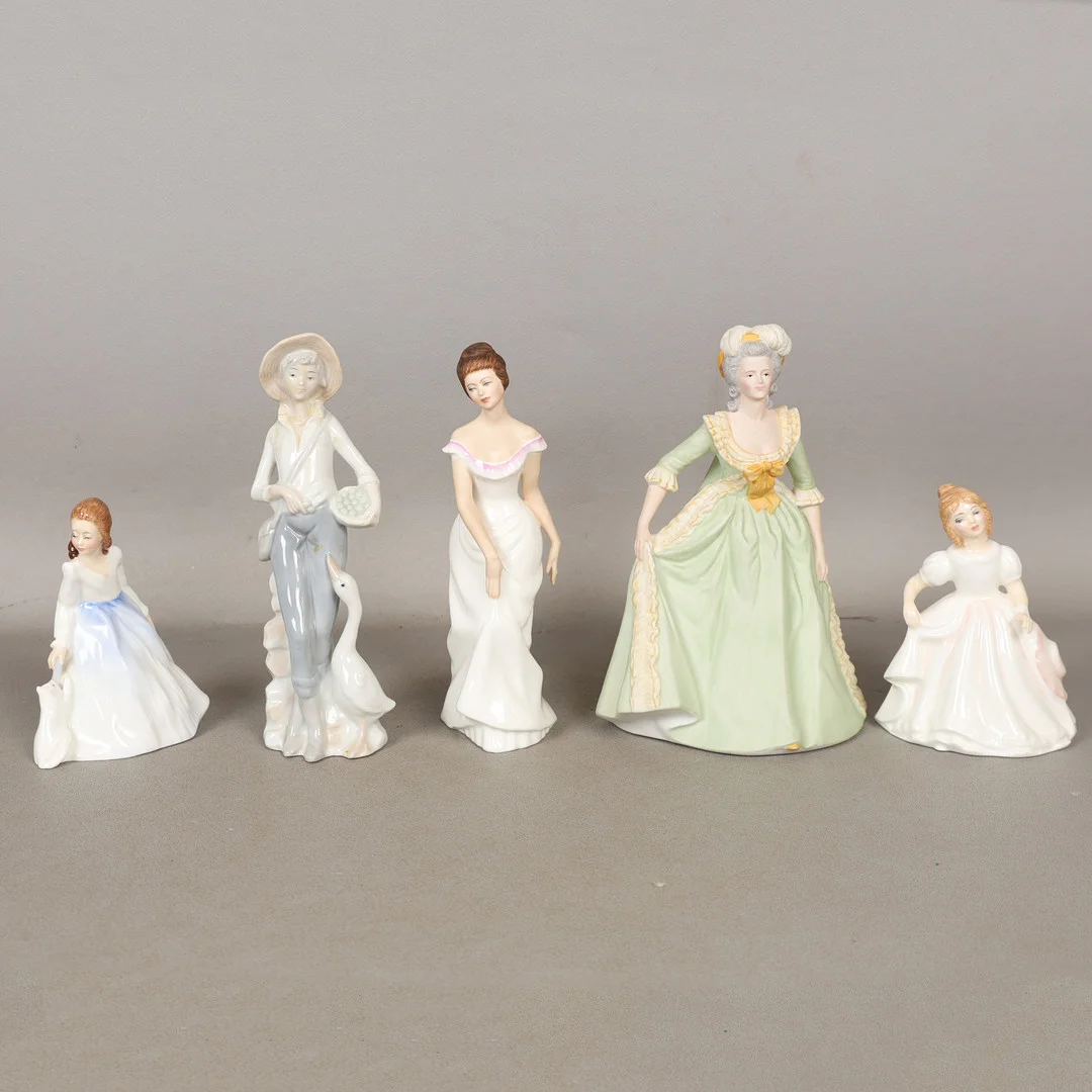 THREE ROYAL DOULTON FIGURINES AND TWO OTHERS (5). — European — Bishop & Miller
