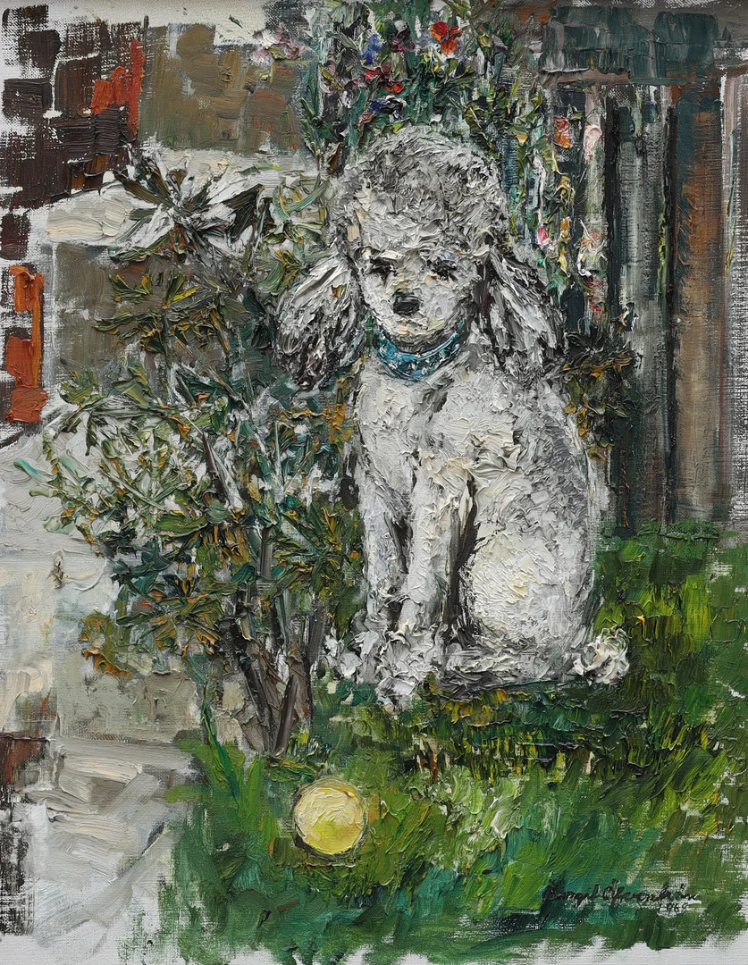 BIRGIT ÖFVERSTRÖM. olja på duk, Pudel, signerad, daterad 1969. — Paintings — Auktionsmagasinet Vänersborg