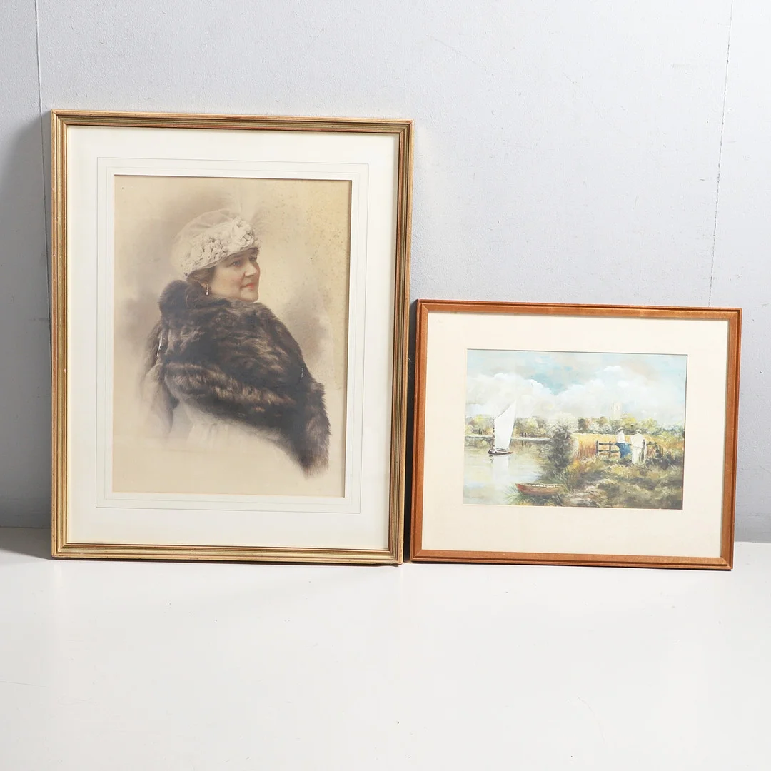 FIGURES RESTING AT A STILE BESIDE A RIVER; AN EDWARDIAN PORTRAIT OF A LADY. — Paintings — Lawrences Auctioneers