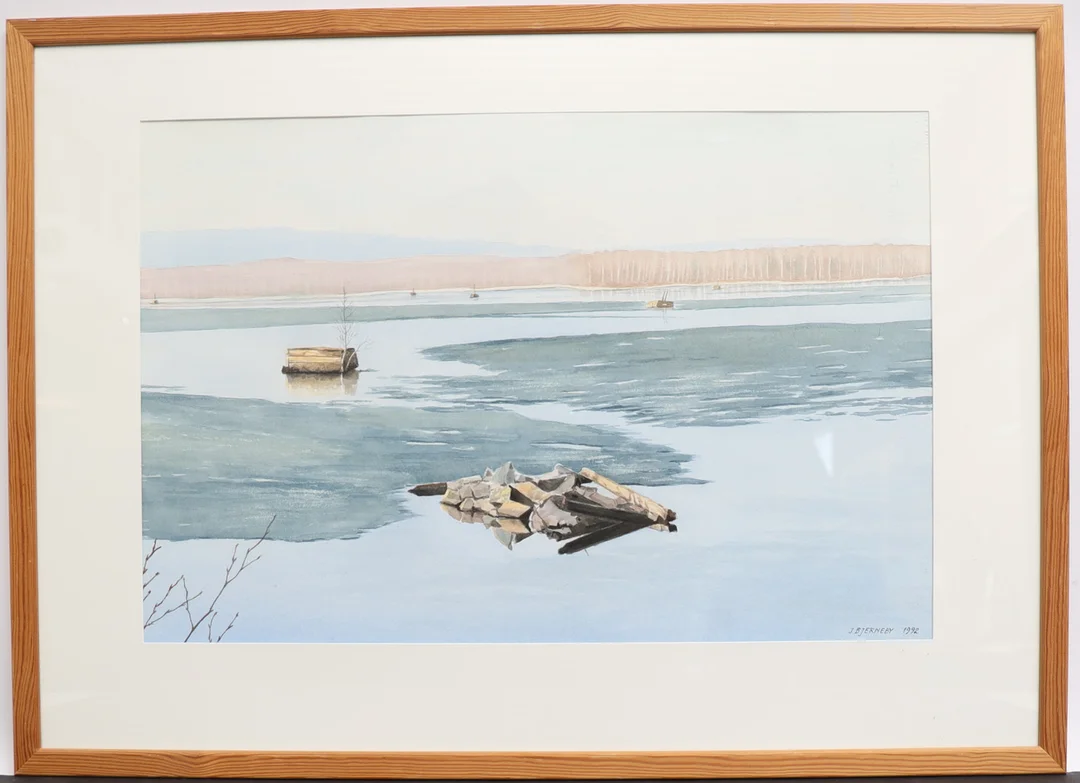 OIDENTIFIERAD KONSTNÄR. Landskap med vattendrag, akvarell, signerad J Bjerneby och daterad 1992. — Paintings — Falun Auktionsbyrå