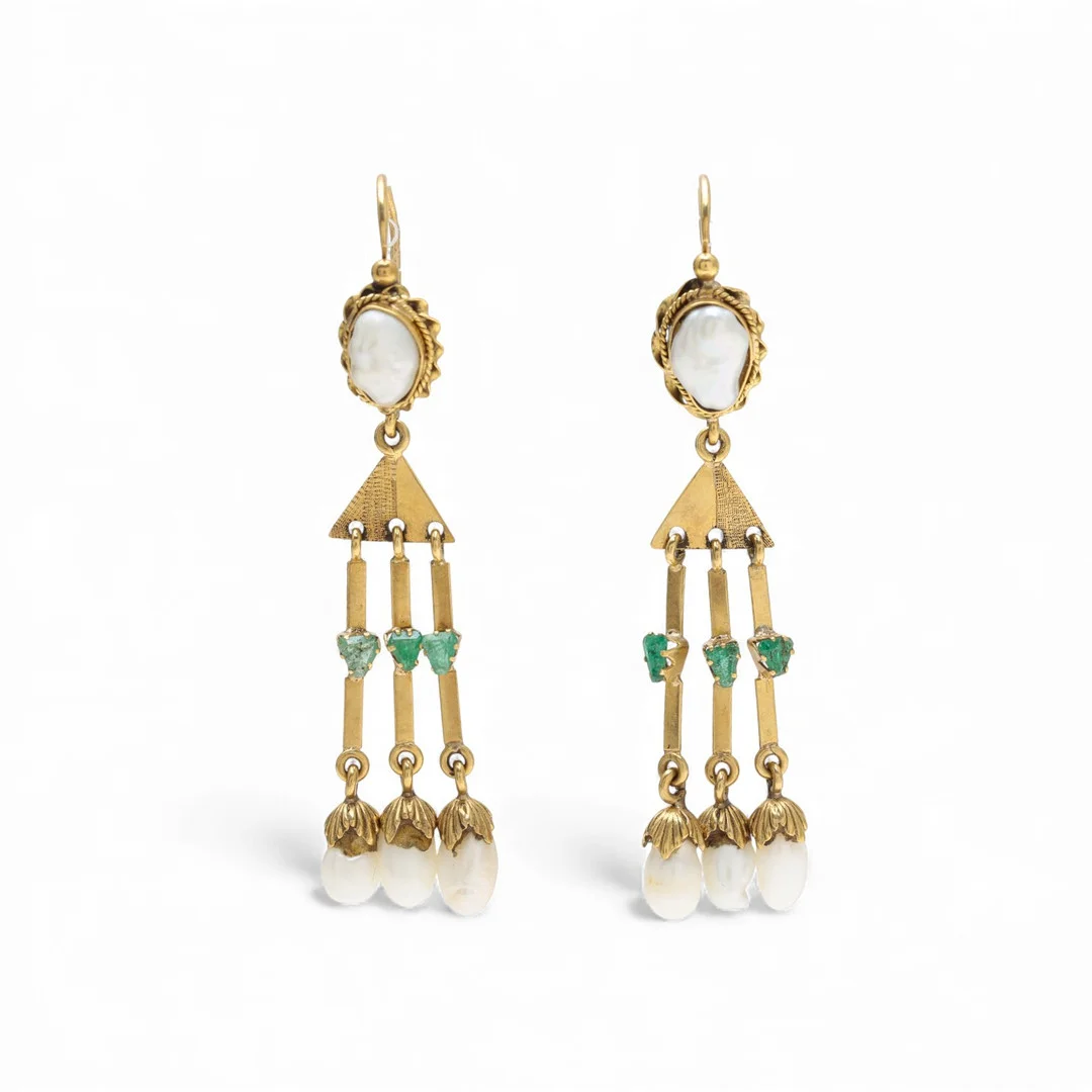 Historicist style gold and gemstones long earrings. — Earrings — Balclis