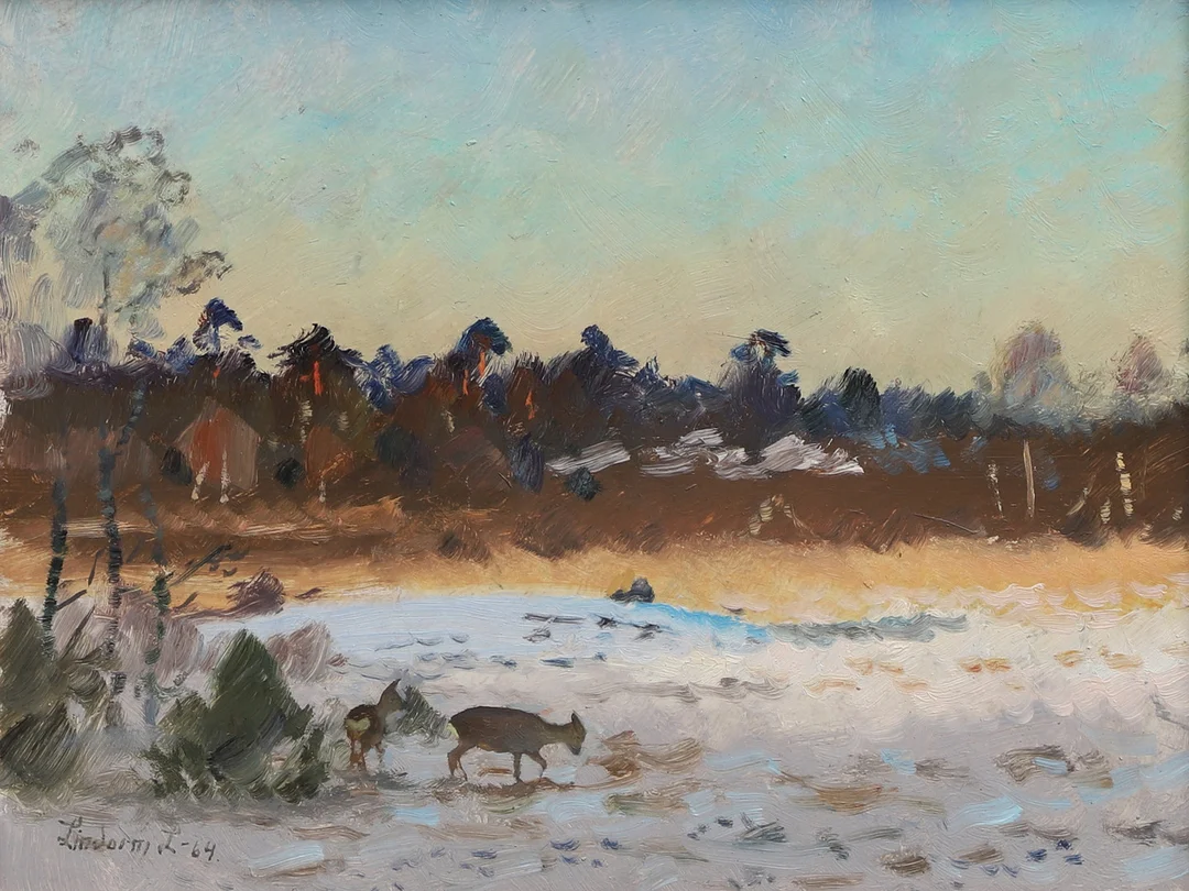 LINDORM LILJEFORS. Olja på pannå, landskap med rådjur, signerad och daterad 64. — Paintings — Ekenbergs Auktioner