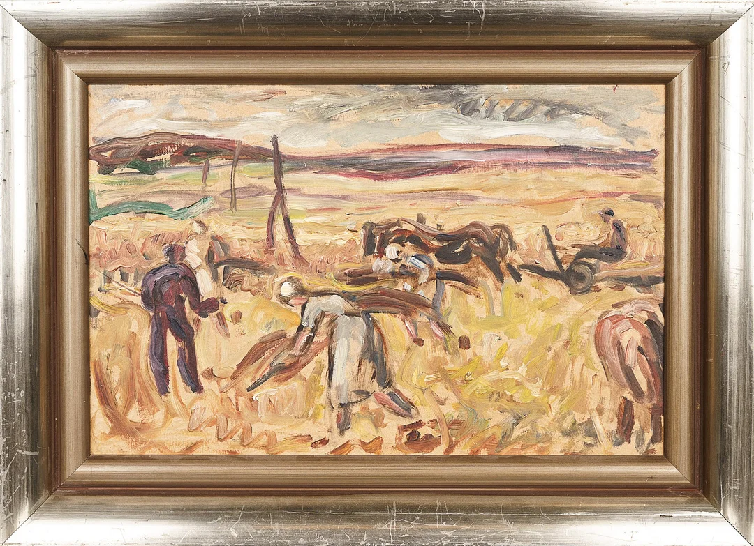 ESTER ALMQVIST. Olja på pannå, " Säden bärgas I" tillskriven. — Paintings — Norrlands Auktionsverk
