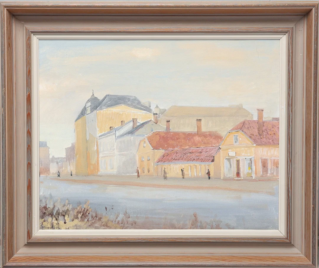 GUSTAV FOGELBERG. Olja på duk, "Kanalgatan", Jönköpingsmotiv, signerad. — Paintings — Gomér & Andersson Jönköping