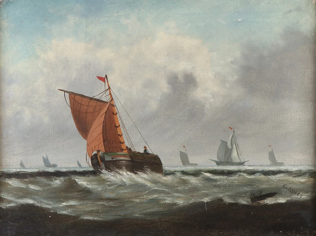 C. JAMES. Oljemålning på duk. Fiskebåtar till havs. Signerad. — Paintings — Skånes Auktionsverk