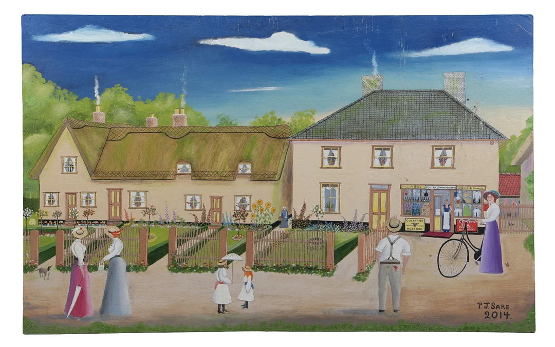 P.J. SARE, LARGE OIL ON BOARD STREET SCENE. — Paintings — Bishop & Miller