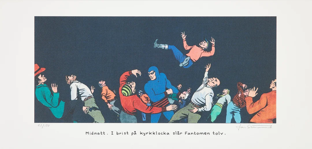 JAN STENMARK. "Midnatt. I brist på kyrkklocka slår Fantomen tolv", färgoffset, signerad och numrerad 21/150. — Engravings & Prints — Stockholms Auktionsverk Sickla
