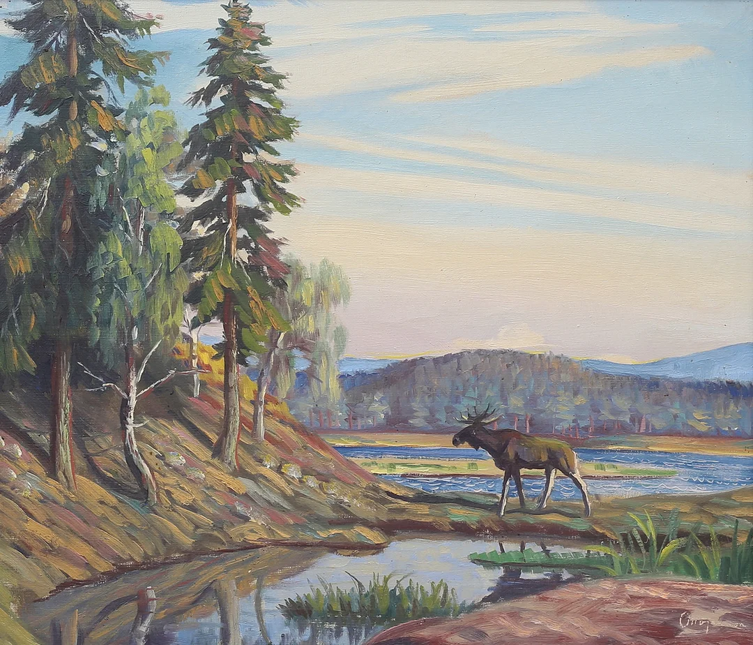 OTTO JANSSON. Älg vid sjökant. Olja på duk, signerad. — Paintings — Auktionshuset Thelin & Johansson