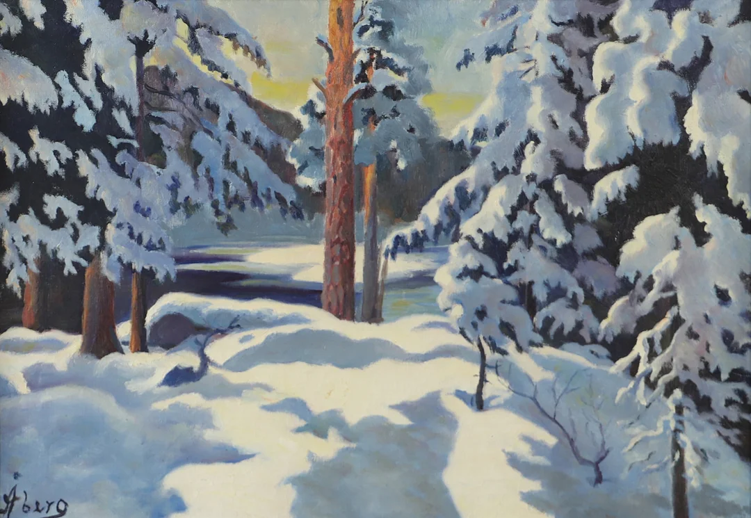 OIDENTIFIERAD KONSTNÄR. Vinterlandskap, olja på duk, signerad Åberg. — Paintings — Helsingborgs Auktionskammare