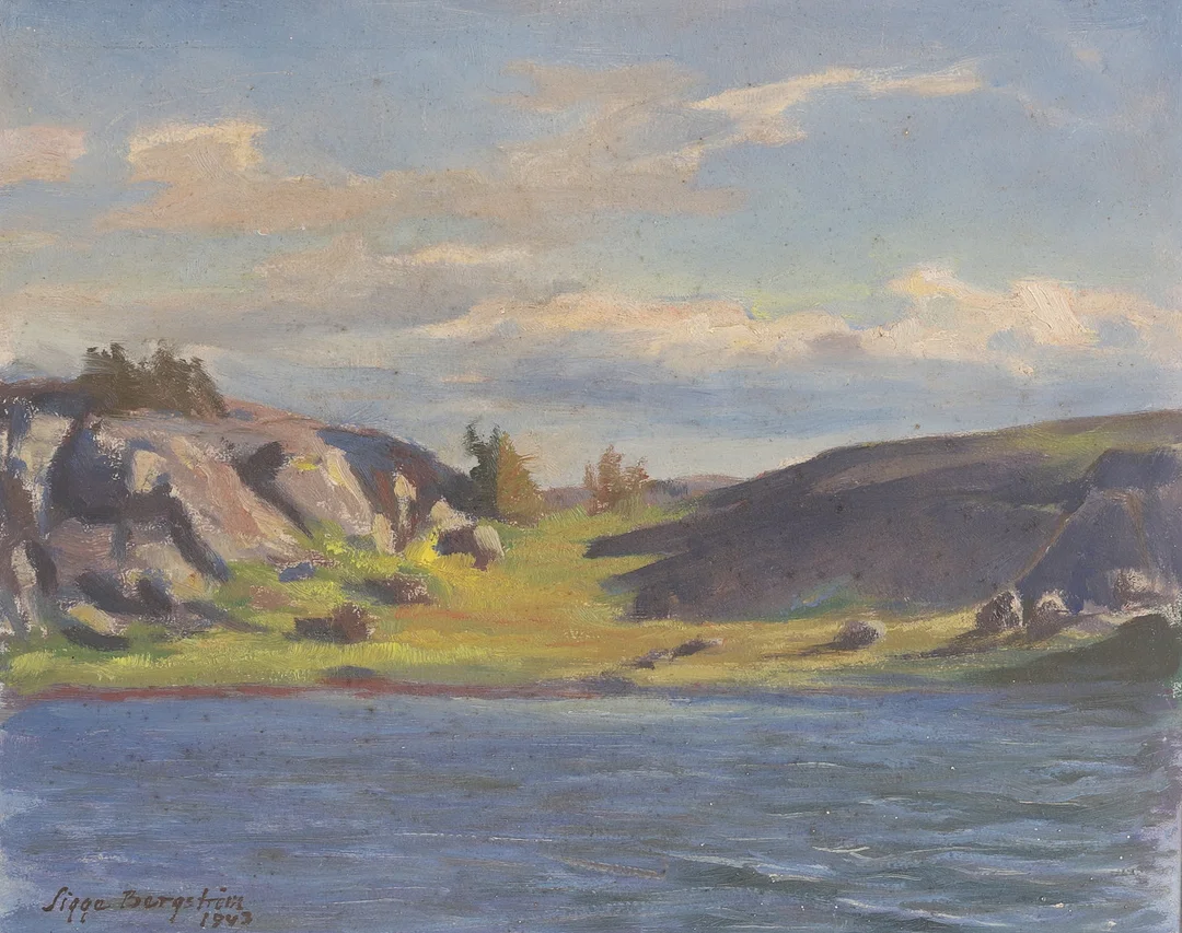 SIGGE BERGSTRÖM. Olja på pannå, signerad, daterad 1943. — Paintings — RA Auktionsverket Norrköping