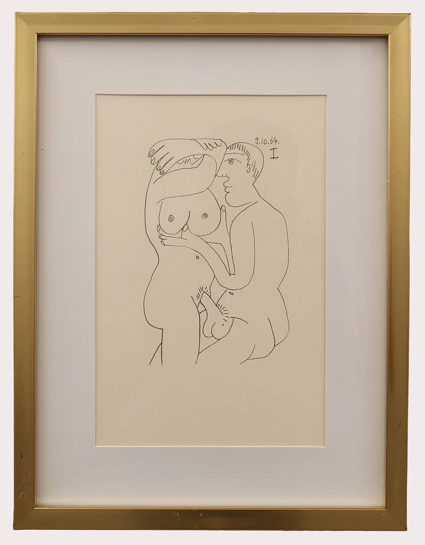 PABLO PICASSO. Efter, litografi , erotiskt motiv märkt 9.10.64 I, ur "LE GOUT DU BONHEUR" , Schünemann år 1970. Nr 403. — Engravings & Prints — Limhamns Auktionsbyrå