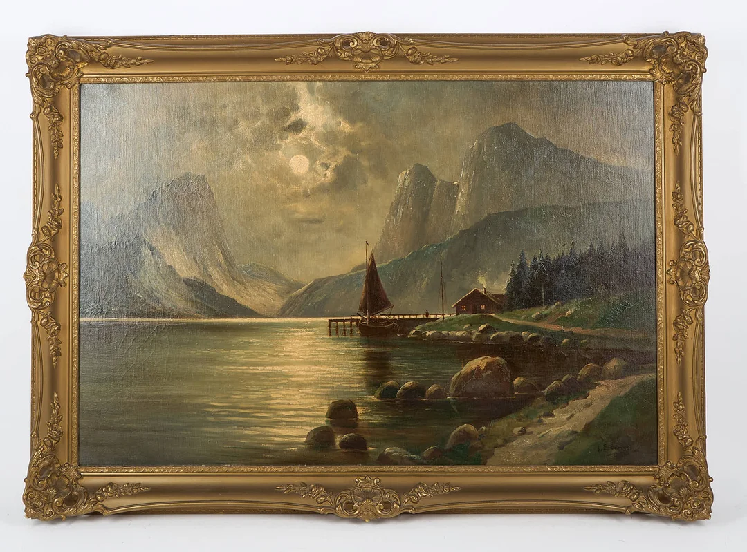 JÖRG SÖRENSEN (1910-?). Månsken över fiskestugan, signerad, olja på duk. — Paintings — Stockholms Auktionsverk Helsinki