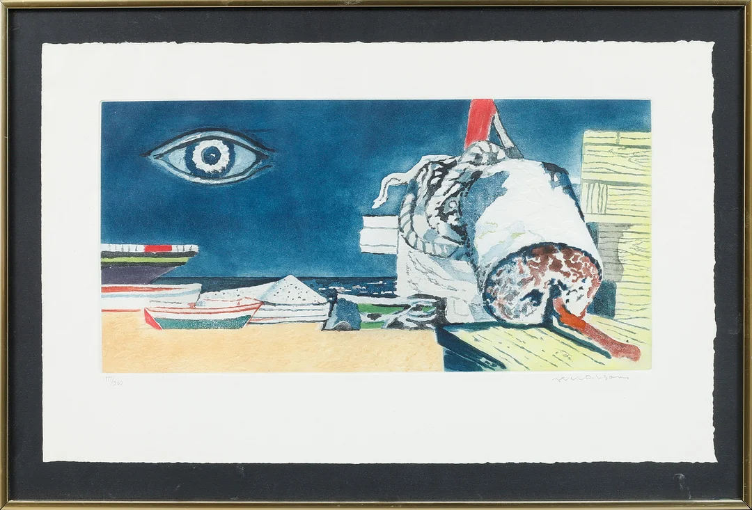 AXEL OLSON. Surrealistiska motiv, 2 stycken, carborundumetsning, signerade och numrerade 111 och 252 av 260. — Engravings & Prints — Göteborgs Auktionsverk