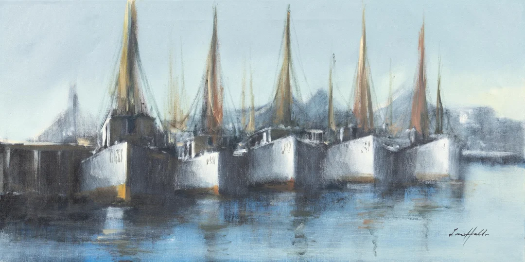 LARS HALL (1938-2018). Fiskebåtar i hamn, olja på duk, signerad. — Paintings — Garpenhus Auktioner
