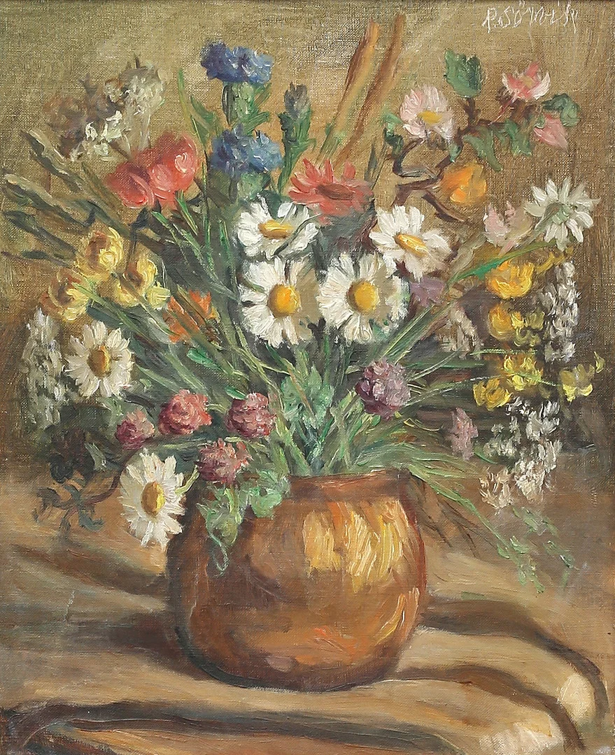 BRITA RICHARDIS SÖRVIK. Blomsterstilleben. Olja på duk, uppfodrad på pannå, signerad. — Paintings — Auktionshuset Thelin & Johansson