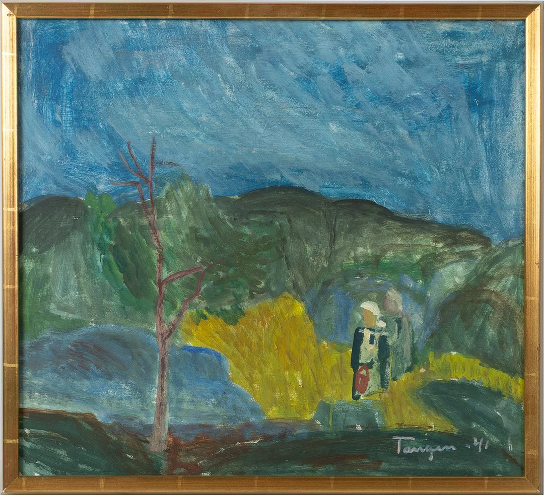 OLAF TANGEN (NORGE 1903-1997). Landskap med figurer, olja på pannå. — Paintings — Stockholms Auktionsverk Helsingborg