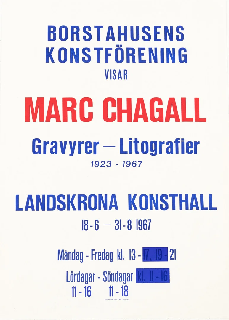 UTSTÄLLNINGSAFFISCH. Marc Chagall, "Gravyrer - Litografier, 1923-1967", Landskrona Konsthall. — Engravings & Prints — Karljohan Auktioner