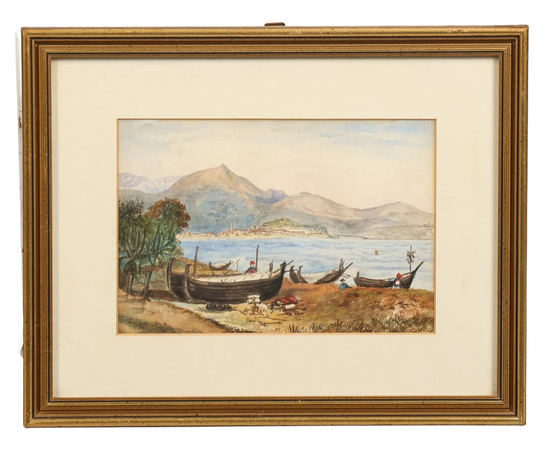 19TH CENTURY BRITISH SCHOOL, WATERCOLOUR OF BOATS MOORED. — Paintings — Bishop & Miller