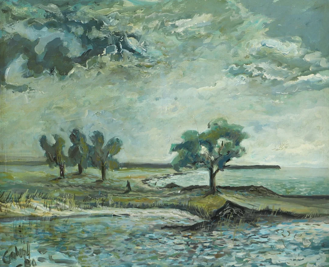 OIDENTIFIERAD KONSTNÄR. Kustparti med träd, olja på duk, otydligt signerad. — Paintings — Helsingborgs Auktionskammare