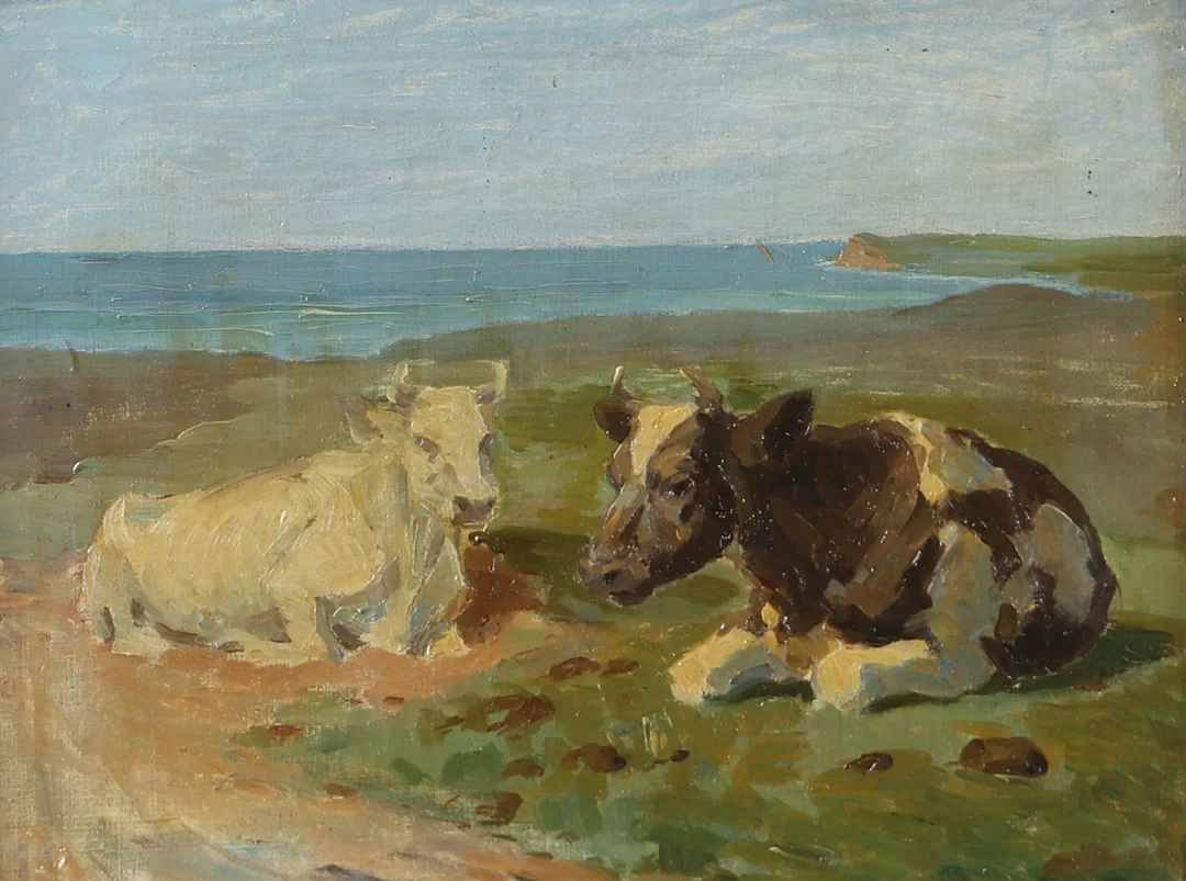 SIGURD OLRIK (DANMARK, 1874-1921). TILLSKRIVEN. Boskap, olja på pannå, osignerad. — Paintings — Helsingborgs Auktionskammare