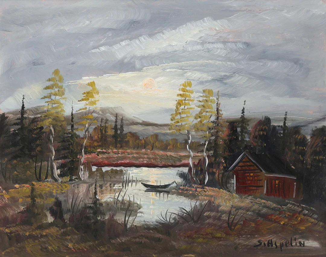 STIG ASPELIN. Olja på pannå, landskap med stuga, signerad. — Paintings — Gomér & Andersson Jönköping
