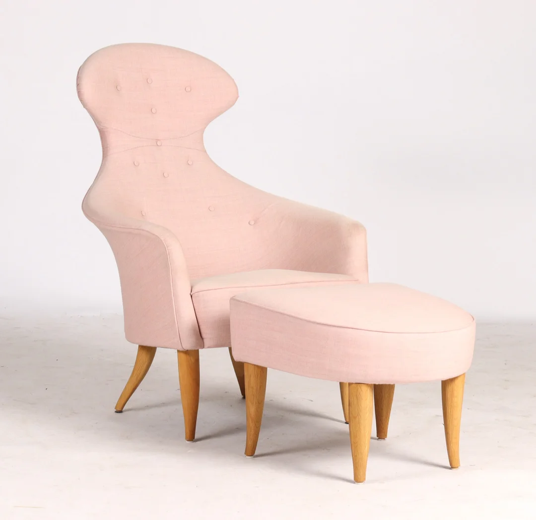 Kerstin H. Holmquist for GUBI. 'Eva' armchair w/ stool. (2) — Furniture/Lounge chairs — Lauritz