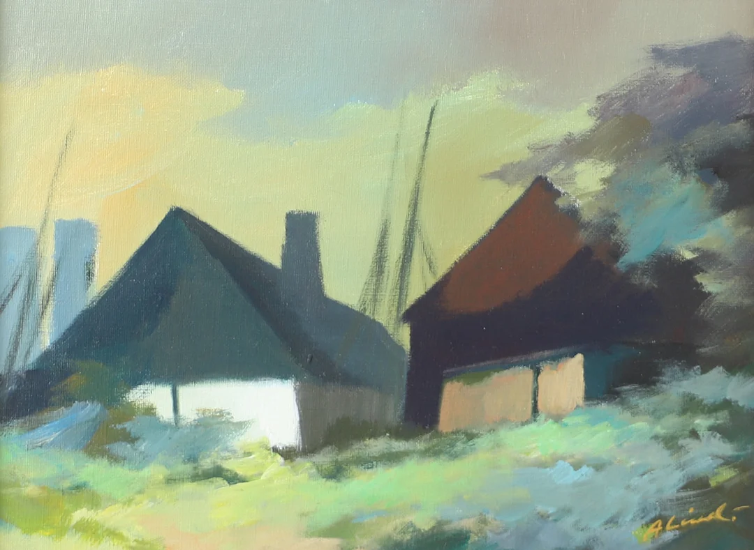 OIDENTIFIERAD KONSTNÄR. Landskap med hus, olja på duk, signerad A. Lind. — Paintings — Helsingborgs Auktionskammare