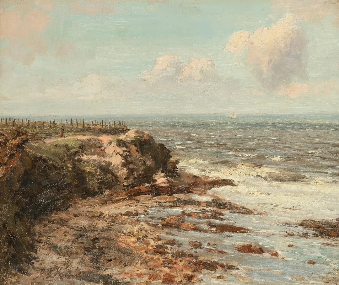 JOHN FALCONER SLATER (1857-1937). Engelsk kystmotiv med kvinde der spejder ud over havet, skib i det fjerne, olie på lærred, signeret. — Paintings — Palsgaard Kunstauktioner