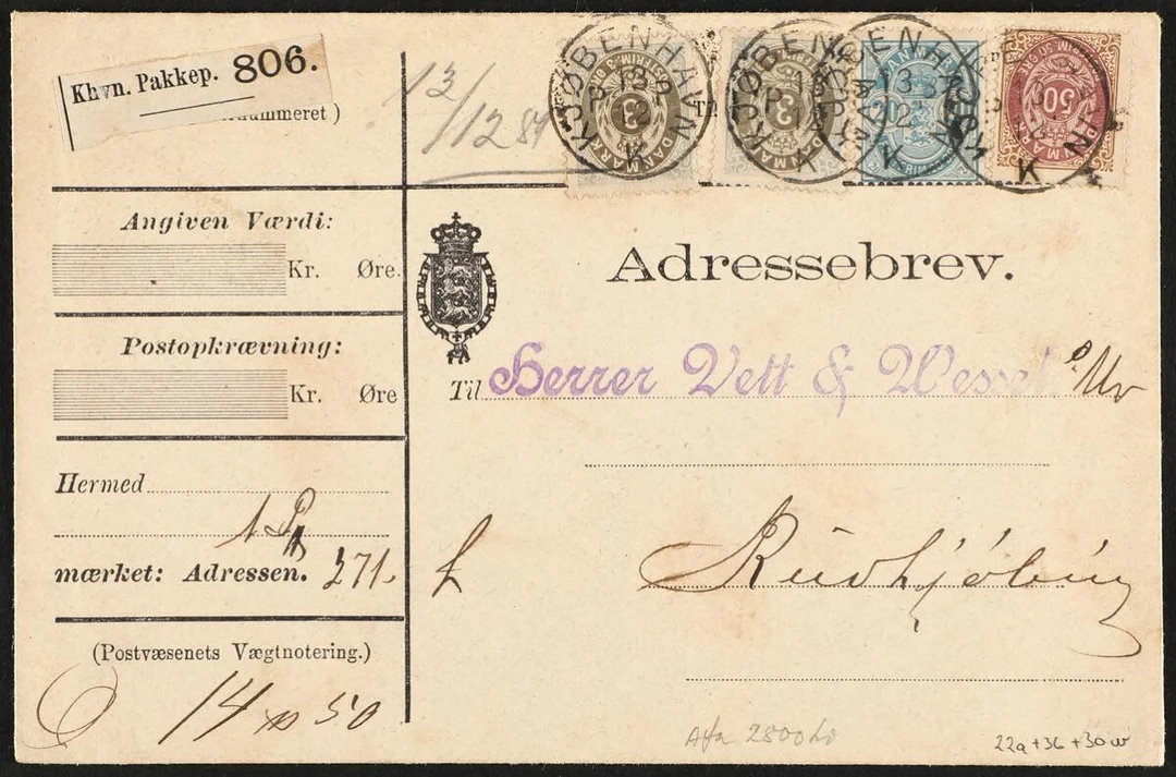 1875. 2×3 øre, 7.print, 50 øre, 3.print and 20 øre, blue on fine parcel-letter — Stamps, Covers & Postal History/Denmark/2-farvet tk.14 — Bruun Rasmussen
