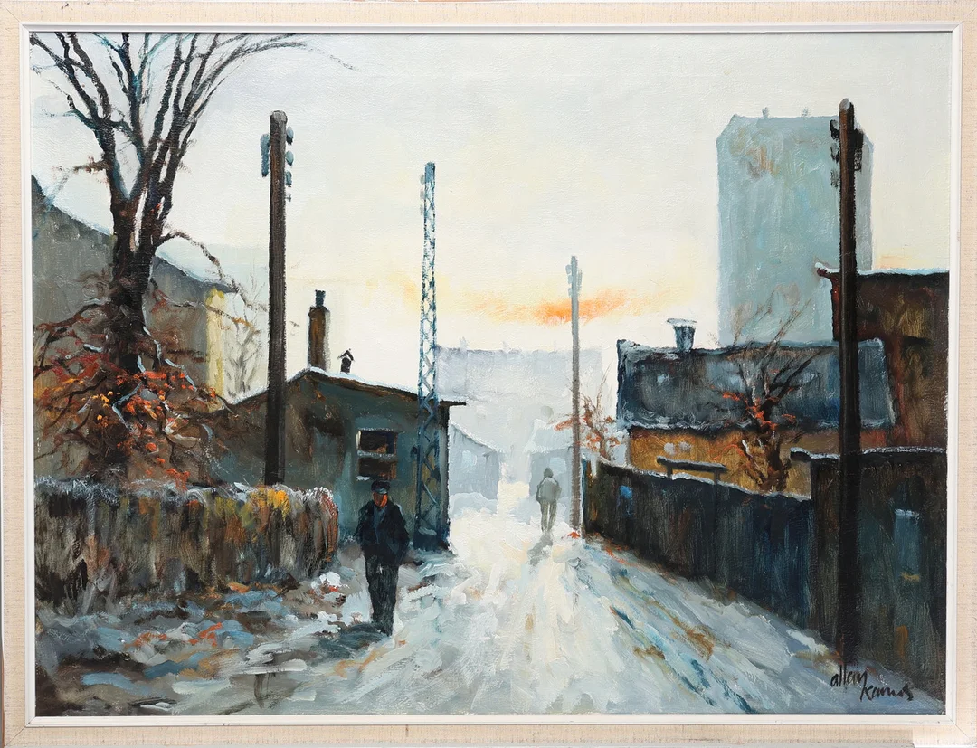 ALLAN KARMS, (1933-2021), olja på duk, industriområde med två personer på väg. Signerad Allan Karms. — Paintings — Gomér & Andersson Jönköping