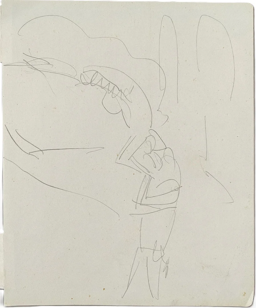 KIRCHNER, ERNST LUDWIG. Balance-Kraftakt der Bodenakrobaten, ca. 1911, Bleistift auf Skizzenbuchpapier. — Drawings — Auktionshaus Blank
