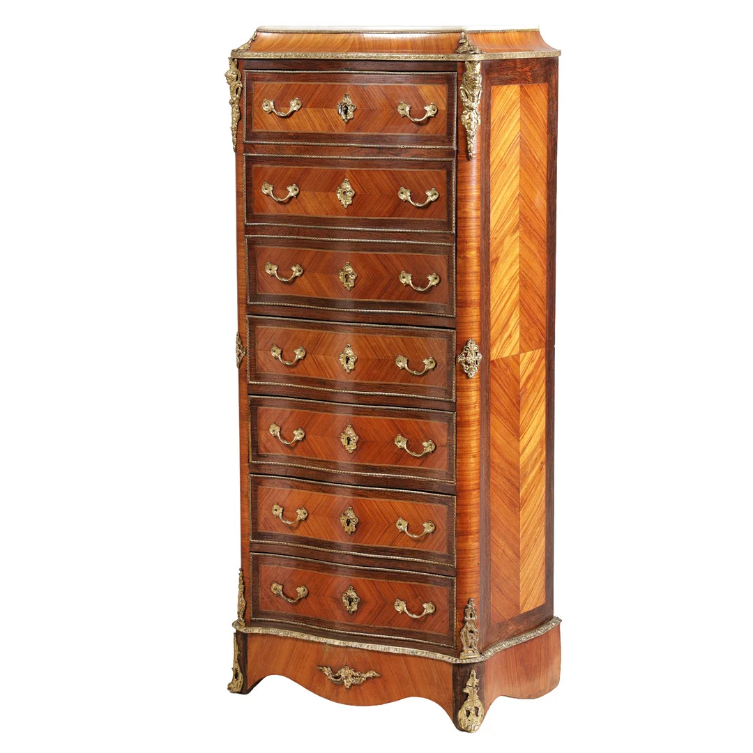 A LOUIS XVI KINGWOOD & ROSEWOOD SERPENTINE GILT METAL MOUNTED SECRÉTAIRE À ABATTANT. — Chests of drawers — Bishop & Miller