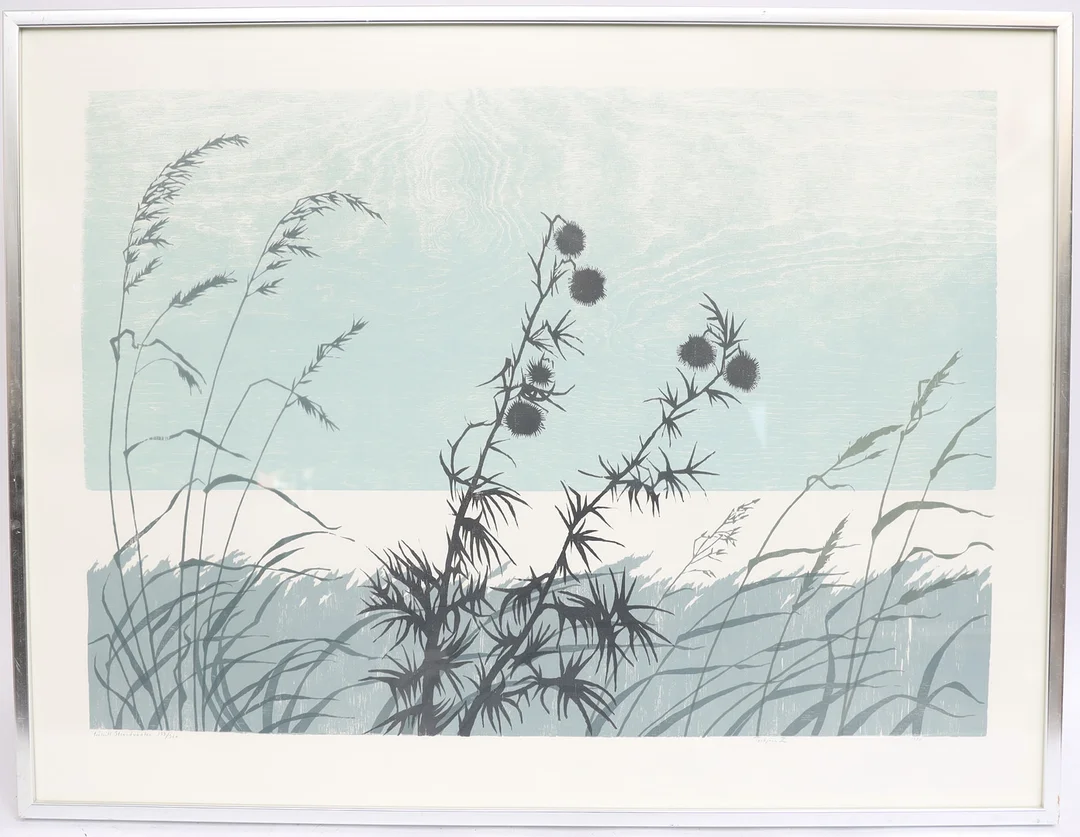 TORBJÖRN ZETTERHOLM. Landskap med tistlar, färglitografi, signerad och numrerad, daterad 1980. — Engravings & Prints — Falun Auktionsbyrå