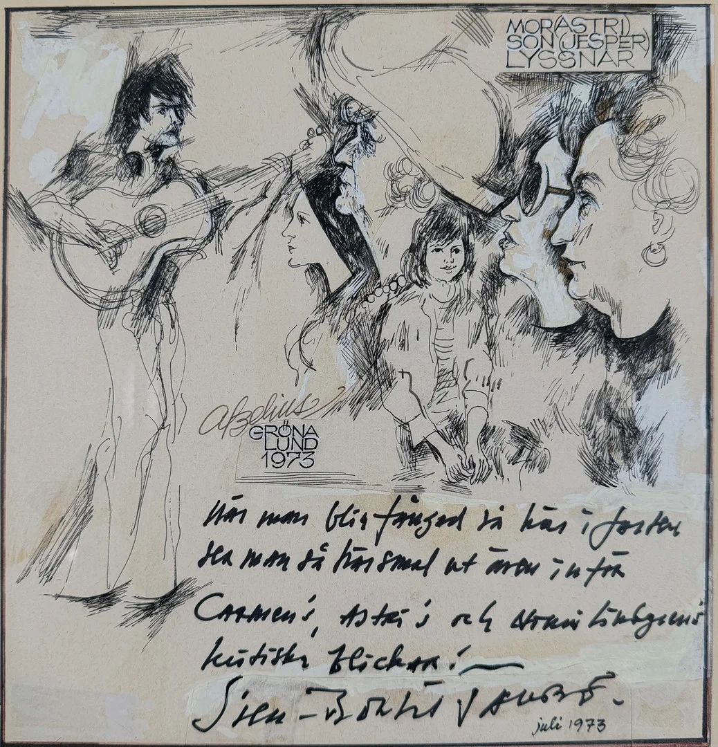 JAN AFZELIUS (1929-2000). Komposition, med skrift av Sven-Bertil Taube, tusch och täckvitt, signerad och daterad 1973. — Drawings — Skandia Auktion