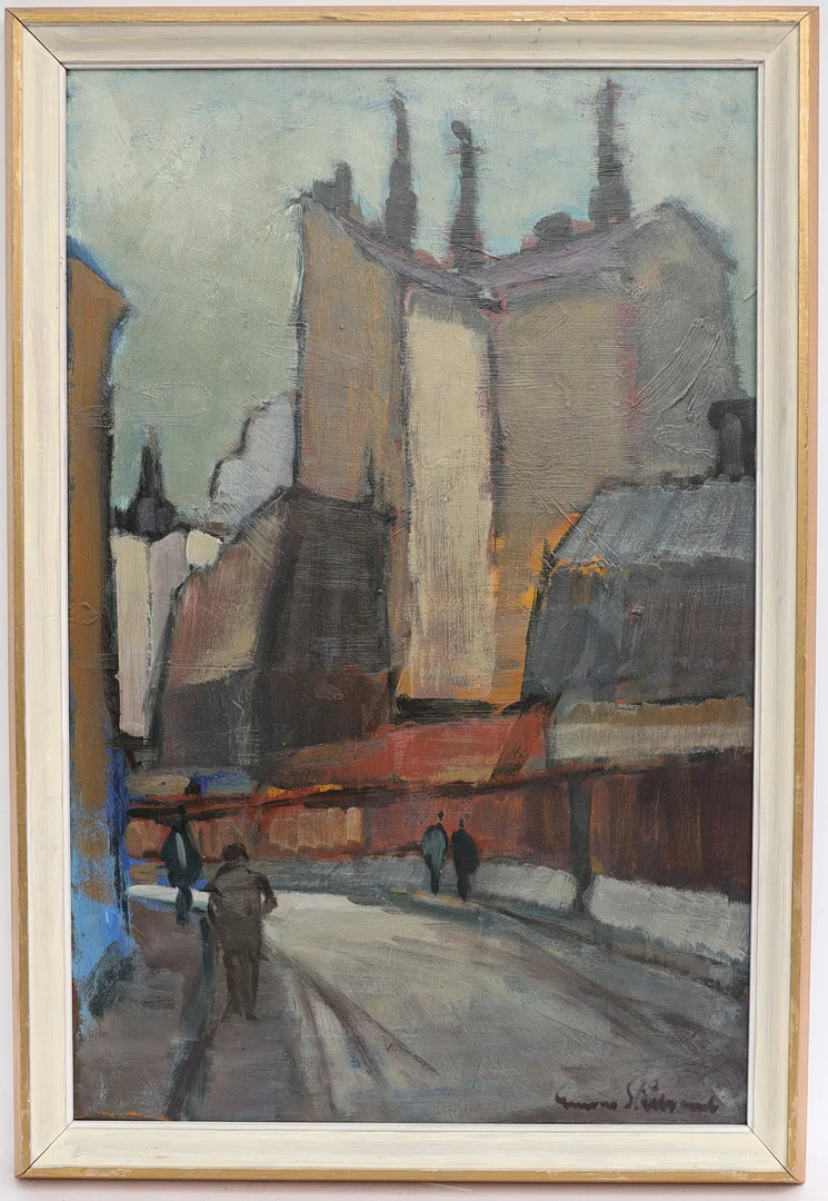 GUNNAR STÅLBRAND. Stadsbild, oljemålning på pannå, signerad. — Paintings — Falun Auktionsbyrå