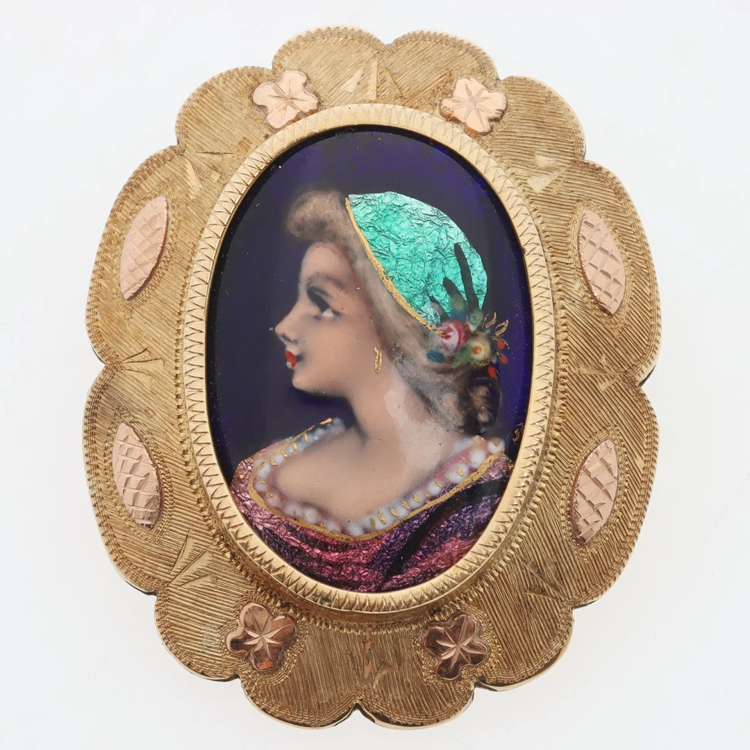HÄNGE/BROSCH, 14K guld & emalj, miniatyrporträtt, Nederländerna. — Brooches & Pendants — Ekenbergs Auktioner