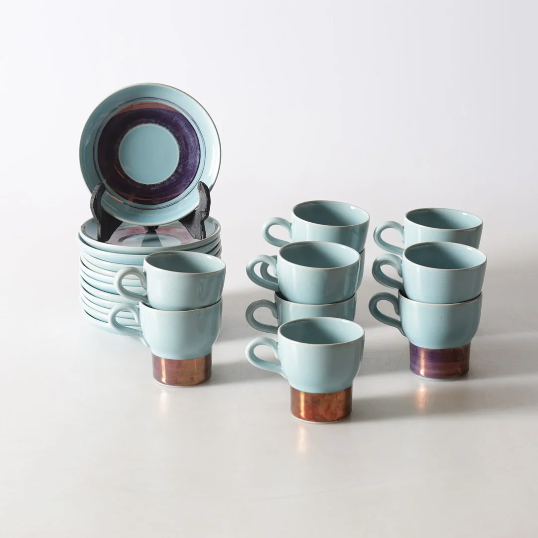 KAFFEKOPPAR med UNDERFAT, (11+12) st, stengods, Höganäs, 1970-tal. — Tableware — Gomér & Andersson Nyköping