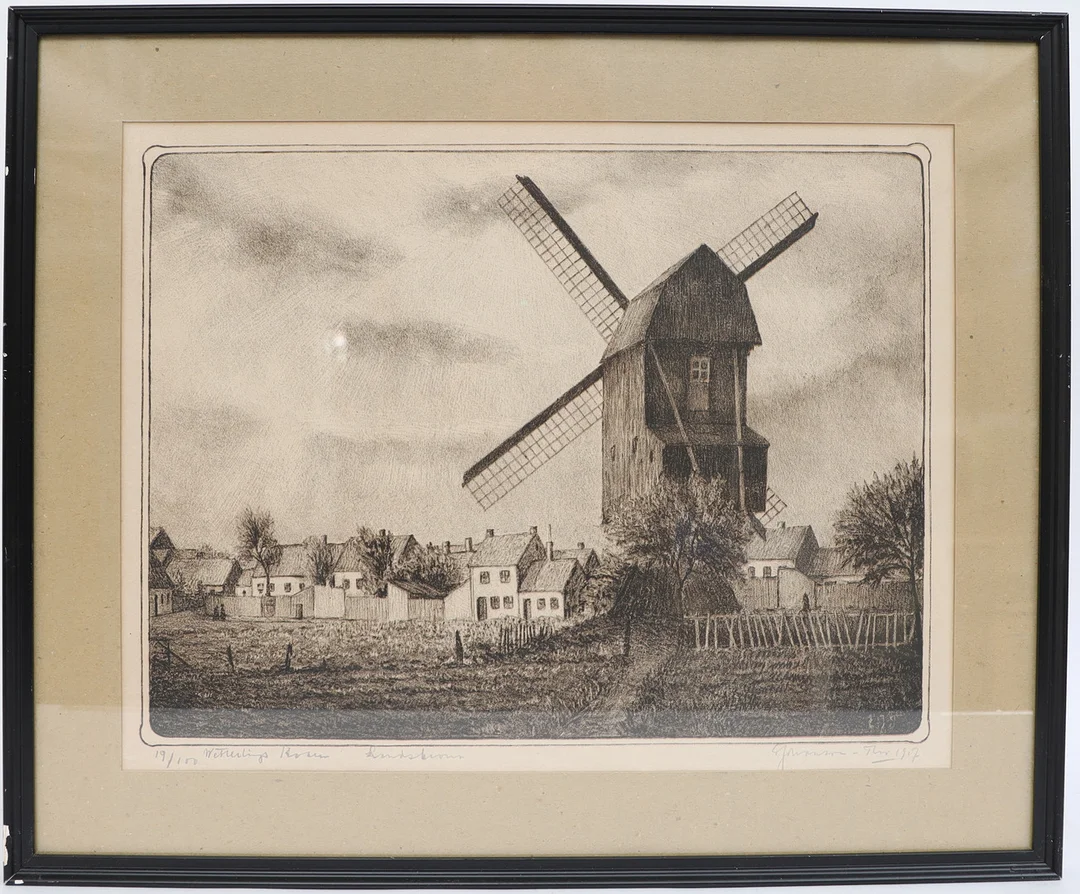 EMIL JOHANSON-THOR. Landskap med väderkvarn, litografi, signerad och daterad 1917. — Engravings & Prints — Falun Auktionsbyrå