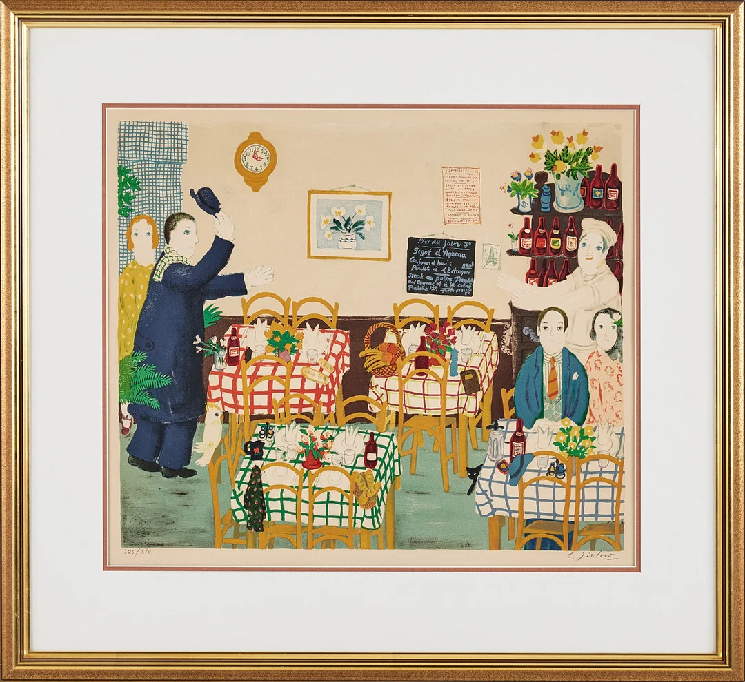 LENNART JIRLOW. Restaurangscen, färglitografi, signerad, 325/380, Mourlot. — Engravings & Prints — Stockholms Auktionsverk Magasin 5