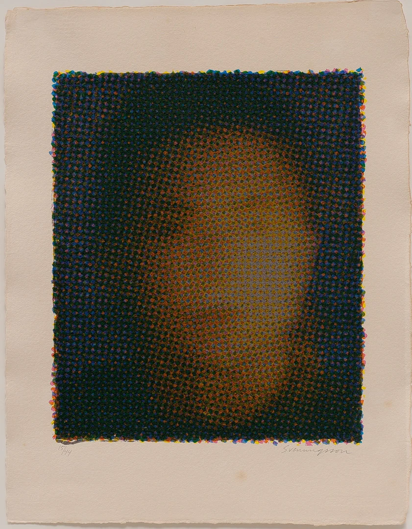 JAN SVENUNGSSON, serigrafi. Komposition med ansikte, signerad samt numrerad 15/44. — Engravings & Prints — Auktionsbyrån Varberg