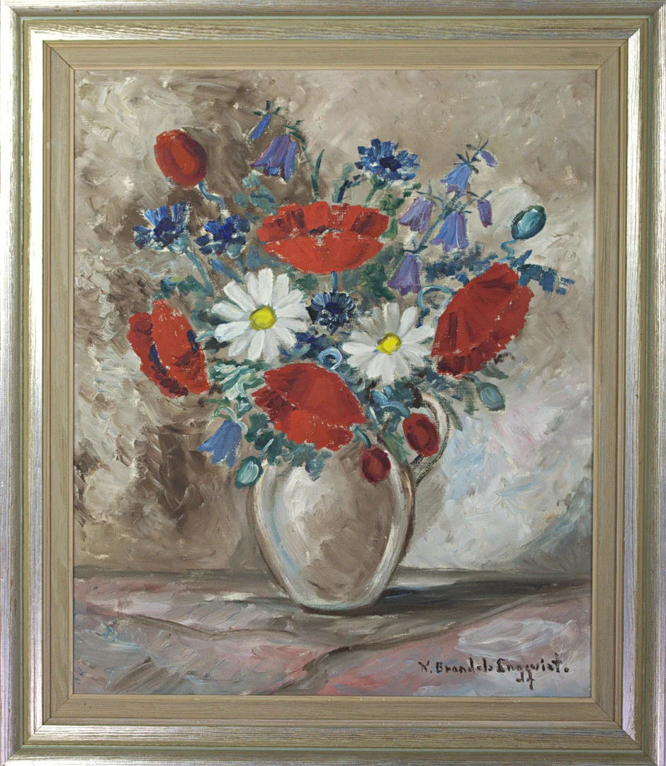 CARIN BRANDEL ENGQVIST. Olja på duk, blomsterstilleben, signerad. — Paintings — Höganäs Auktionsverk