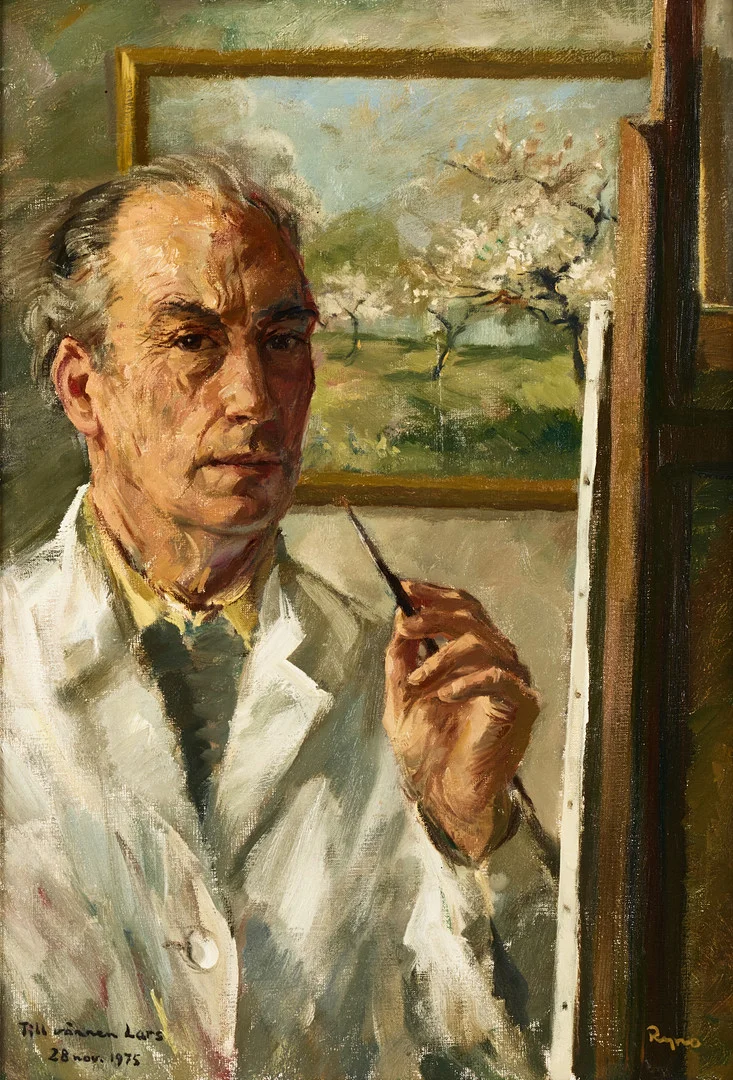 RYNO FRIEBERG. Självporträtt med blommande fruktträd i bakgrunden. — Paintings — Stockholms Auktionsverk Magasin 5