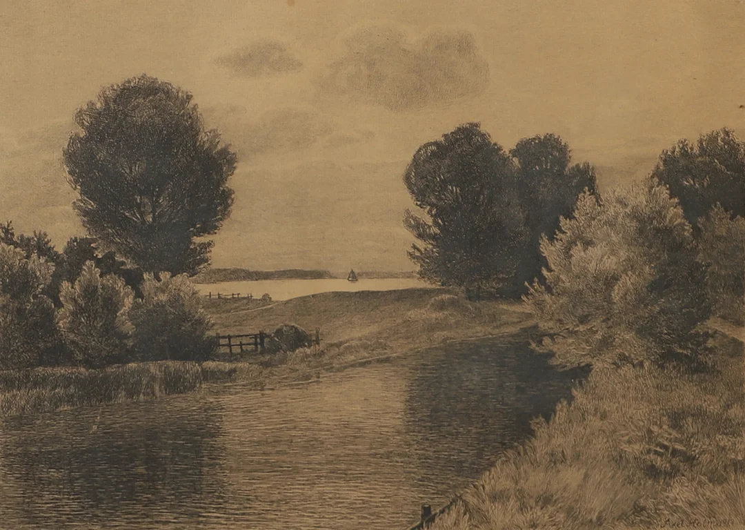 AXEL HOLM. Landskapsmotiv, etsning, signerad. — Engravings & Prints — Helsingborgs Auktionskammare