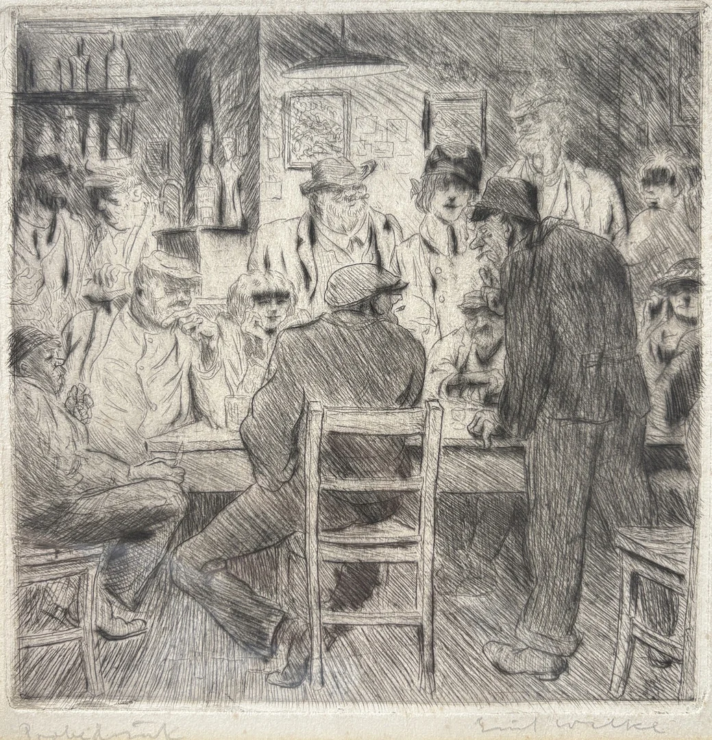 WILKE, ERICH. Am Stammtisch, Radierung auf naturfarbenem Bütten. — Engravings & Prints — Auktionshaus Blank