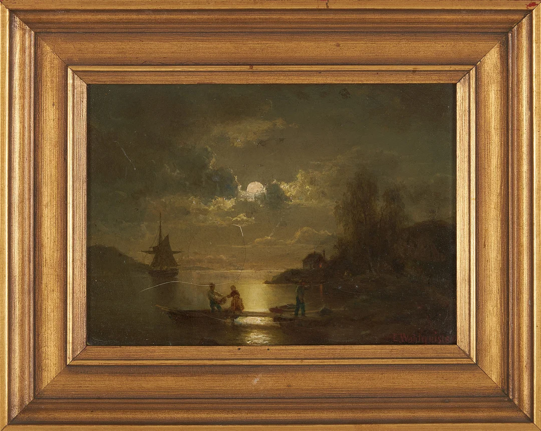 ERNFRIED WAHLQVIST (1814-1895). Månskenslandskap med figurer och båt, olja på duk, signerad. — Paintings — Stockholms Auktionsverk Sickla