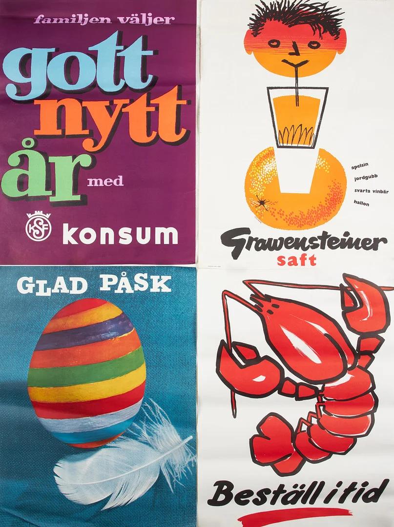 AFFISCHER, 4 st, Konsum, 1950-60 tal, bl a J Olséns Lito stockholm. — Advertising & Signs — Stockholms Auktionsverk Sickla