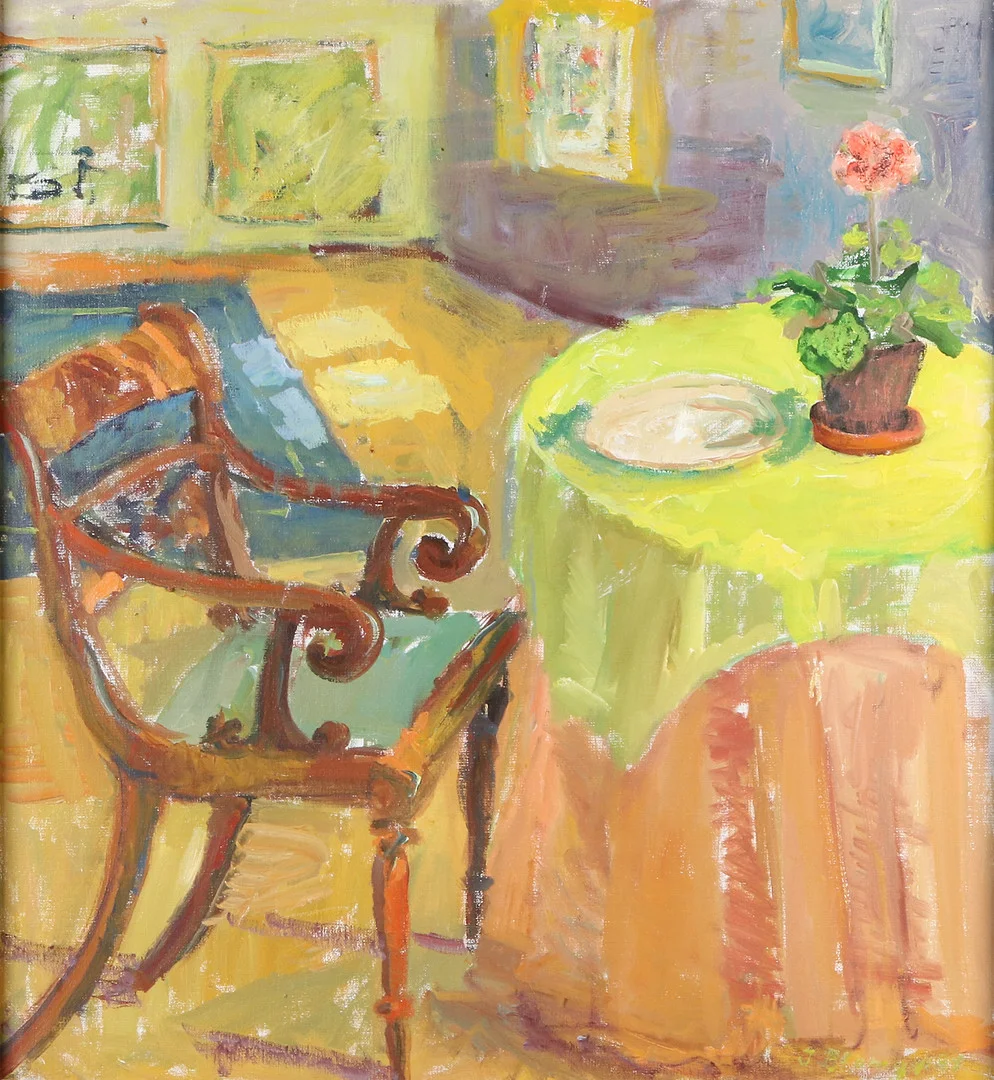 INGE BLOMQVIST. Oljemålning på pannå. Interiör med stol och pelargon. Signerad. — Paintings — Skånes Auktionsverk