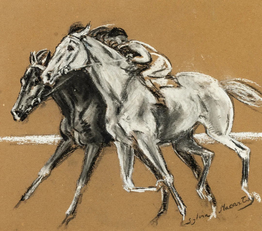 SYLVIA MACARTNEY (BRITISH, 20TH CENTURY), HORSE RACING, BLACK AND WHITE PASTEL ON BROWN PAPER. — Drawings — Griffin’s Auctioneers