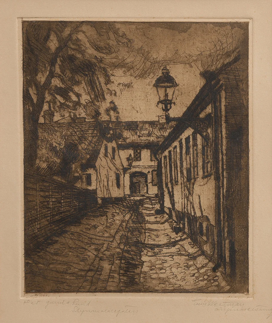 EMIL WESTMAN. "DET GAMLA LUND, GRYNMALAREGATAN", ETSNING, SIGNERAD. — Engravings & Prints — Crafoord Auktioner Lund