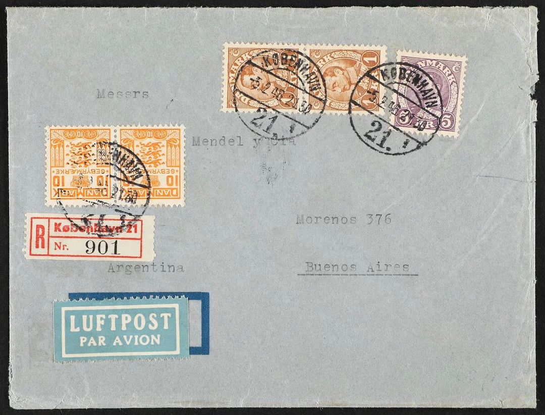 1934. Chr.X, 5 kr. purple and pair 1 kr. brown on scarce airmail-cover to Argentina. Late fee 2×10 øre, orange — Stamps, Covers & Postal History/Denmark/Stålstik — Bruun Rasmussen